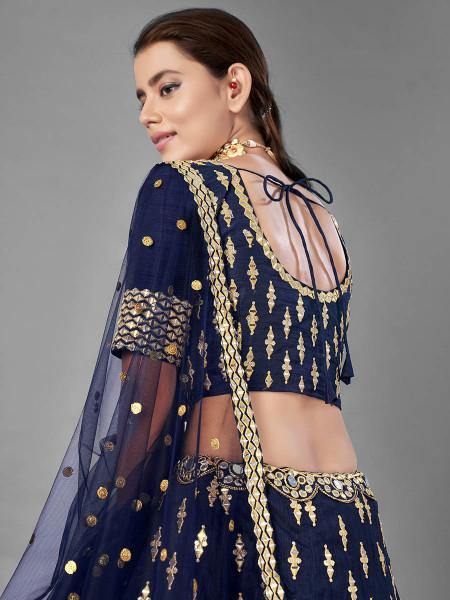 Navy Blue Heavy Embroidered Art Silk Bridal Lehenga