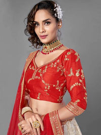 Thumbnail for Myra Red Heavy Embroidered Art Silk & Jaquard Bridal Lehenga