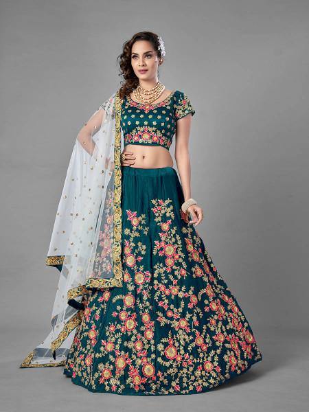 Myra Rama Green Heavy Embroidered Satin Velvet Bridal Lehenga