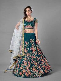 Thumbnail for Myra Rama Green Heavy Embroidered Satin Velvet Bridal Lehenga