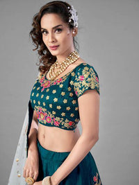 Thumbnail for Myra Rama Green Heavy Embroidered Satin Velvet Bridal Lehenga