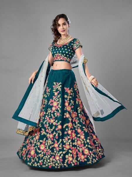 Myra Rama Green Heavy Embroidered Satin Velvet Bridal Lehenga