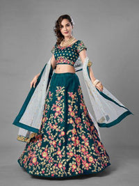 Thumbnail for Myra Rama Green Heavy Embroidered Satin Velvet Bridal Lehenga