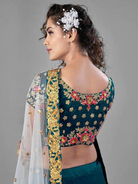 Thumbnail for Myra Rama Green Heavy Embroidered Satin Velvet Bridal Lehenga
