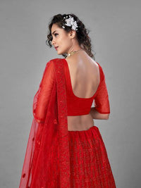 Thumbnail for Myra Red Heavy Embroidered Art Silk bridal Lehenga - Distacart