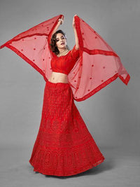 Thumbnail for Myra Red Heavy Embroidered Art Silk bridal Lehenga - Distacart