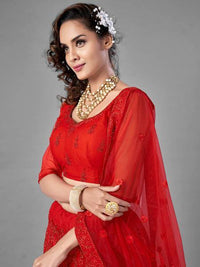 Thumbnail for Myra Red Heavy Embroidered Art Silk bridal Lehenga - Distacart