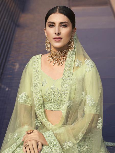 Myra Beautiful Green Heavy Embroidered Soft Net Bridal Lehenga online
