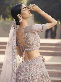 Thumbnail for Myra Mauve Heavy Embroidered Soft Net bridal Lehenga - Distacart