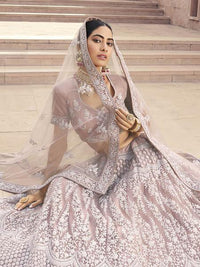 Thumbnail for Myra Mauve Heavy Embroidered Soft Net bridal Lehenga - Distacart
