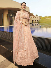 Thumbnail for Myra Peach Heavy Embroidered Soft Net bridal Lehenga - Distacart