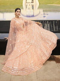 Thumbnail for Myra Peach Heavy Embroidered Soft Net bridal Lehenga - Distacart