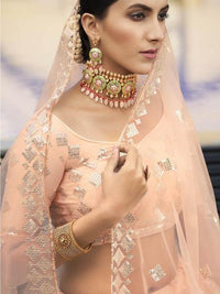Thumbnail for Myra Peach Heavy Embroidered Soft Net bridal Lehenga - Distacart