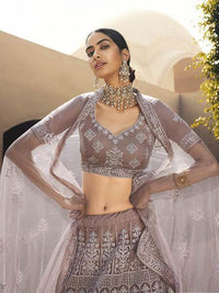 Thumbnail for Mauve Heavy Embroidered Soft Net Bridal Lehenga