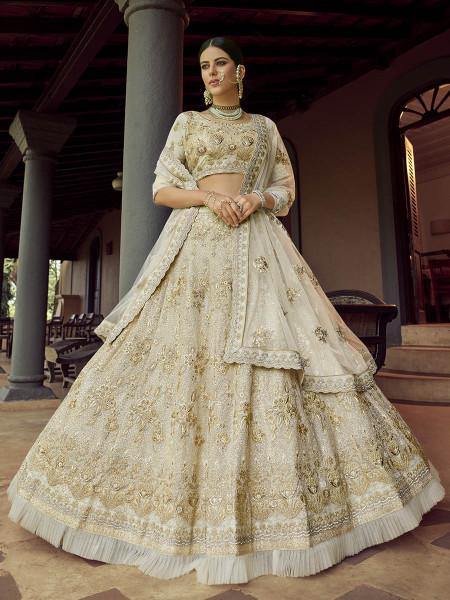 Myra Beautiful Off White Heavy Embroidered Georgette Traditional Bridal Lehenga