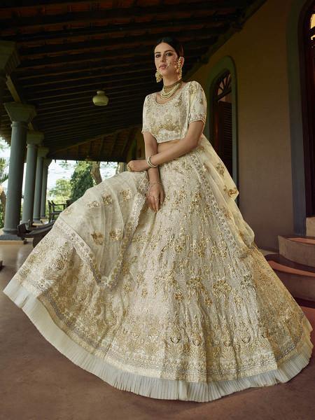 Beautiful Off White Heavy Embroidered Georgette Traditional Bridal Lehenga
