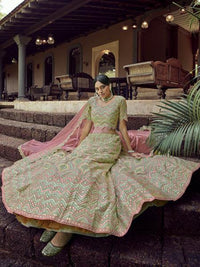 Thumbnail for Beautiful Green Heavy Embroidered Georgette Bridal Lehenga