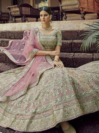 Thumbnail for Green Heavy Embroidered Georgette Bridal Lehenga