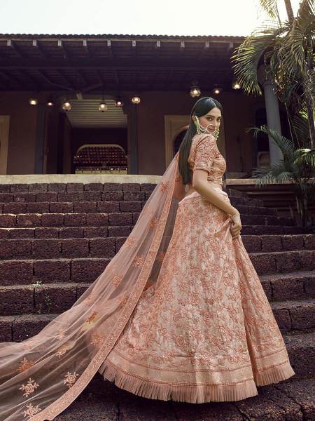 Myra Peach Heavy Embroidered Georgette bridal Lehenga - Distacart