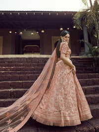 Thumbnail for Myra Peach Heavy Embroidered Georgette bridal Lehenga - Distacart