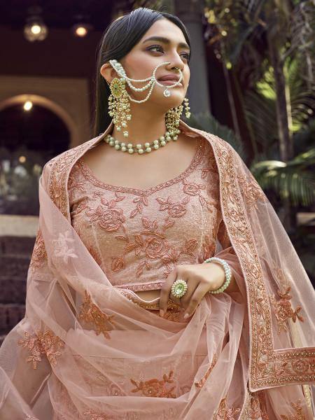 Myra Peach Heavy Embroidered Georgette bridal Lehenga - Distacart