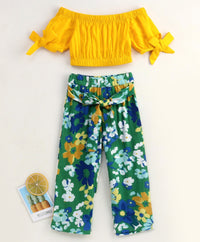 Thumbnail for Girls Mustard Yellow Green Solid Bardot Top With Floral Print Trousers - Mini Marvels - Distacart