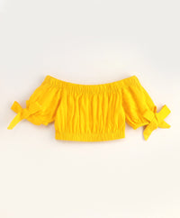 Thumbnail for Girls Mustard Yellow Green Solid Bardot Top With Floral Print Trousers - Mini Marvels - Distacart