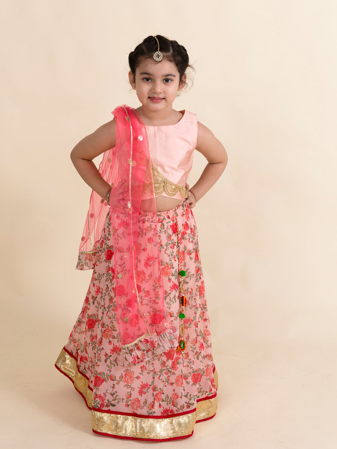 Girls Peach Multicoloured Embellished Ready To Wear Lehenga-Choli With Dupatta - Mini Marvels - Distacart