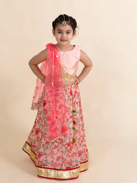 Thumbnail for Girls Peach Multicoloured Embellished Ready To Wear Lehenga-Choli With Dupatta - Mini Marvels - Distacart