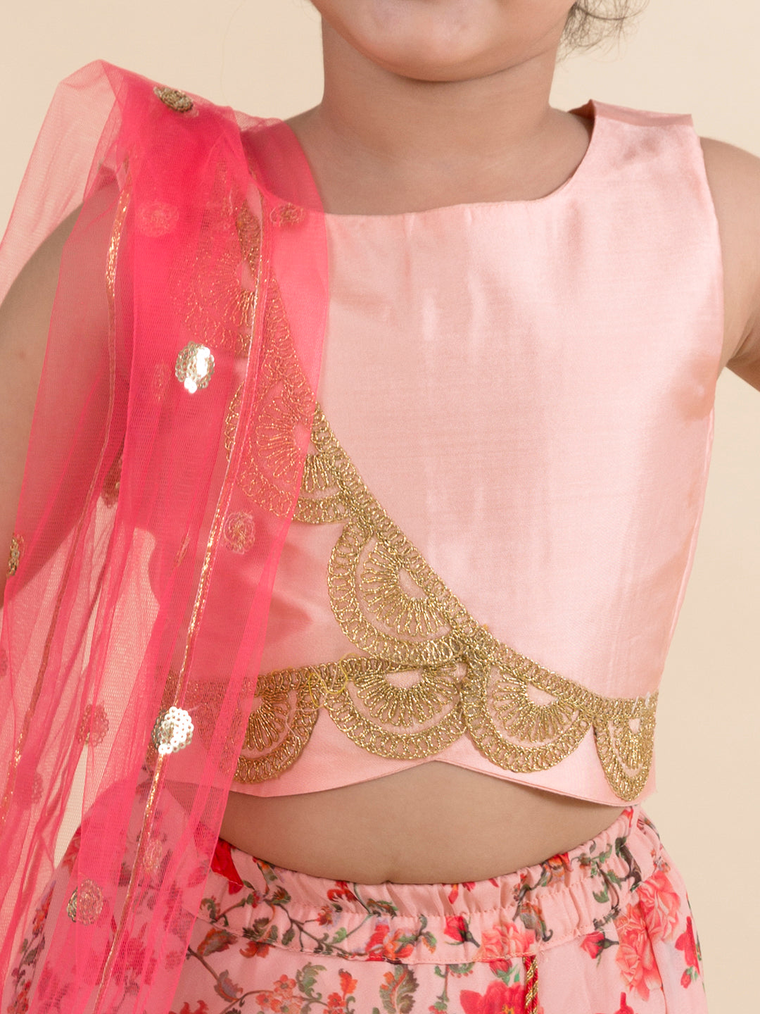 Girls Peach Multicoloured Embellished Ready To Wear Lehenga-Choli With Dupatta - Mini Marvels - Distacart