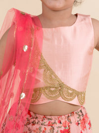 Thumbnail for Girls Peach Multicoloured Embellished Ready To Wear Lehenga-Choli With Dupatta - Mini Marvels - Distacart