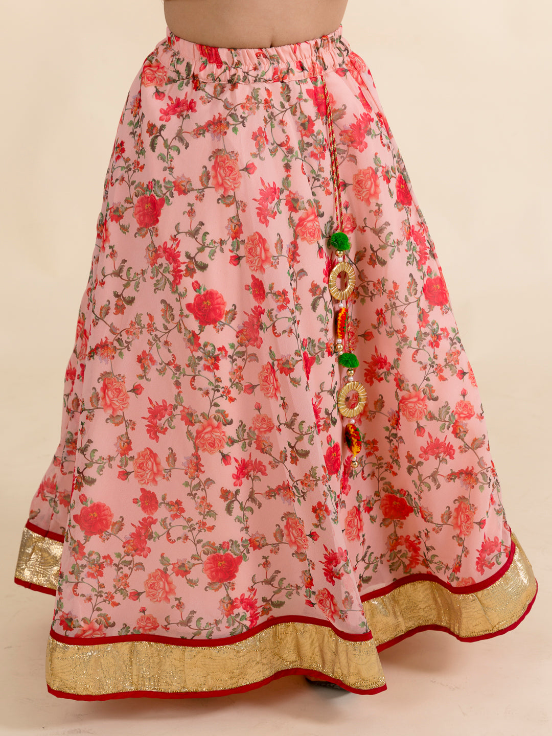 Girls Peach Multicoloured Embellished Ready To Wear Lehenga-Choli With Dupatta - Mini Marvels - Distacart