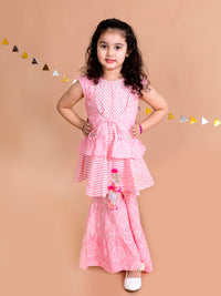 Thumbnail for Girls Pink Floral Striped Empire Pure Cotton Kurti With Sharara - Mini Marvels - Distacart