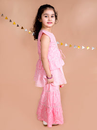 Thumbnail for Girls Pink Floral Striped Empire Pure Cotton Kurti With Sharara - Mini Marvels - Distacart