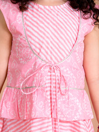 Thumbnail for Girls Pink Floral Striped Empire Pure Cotton Kurti With Sharara - Mini Marvels - Distacart