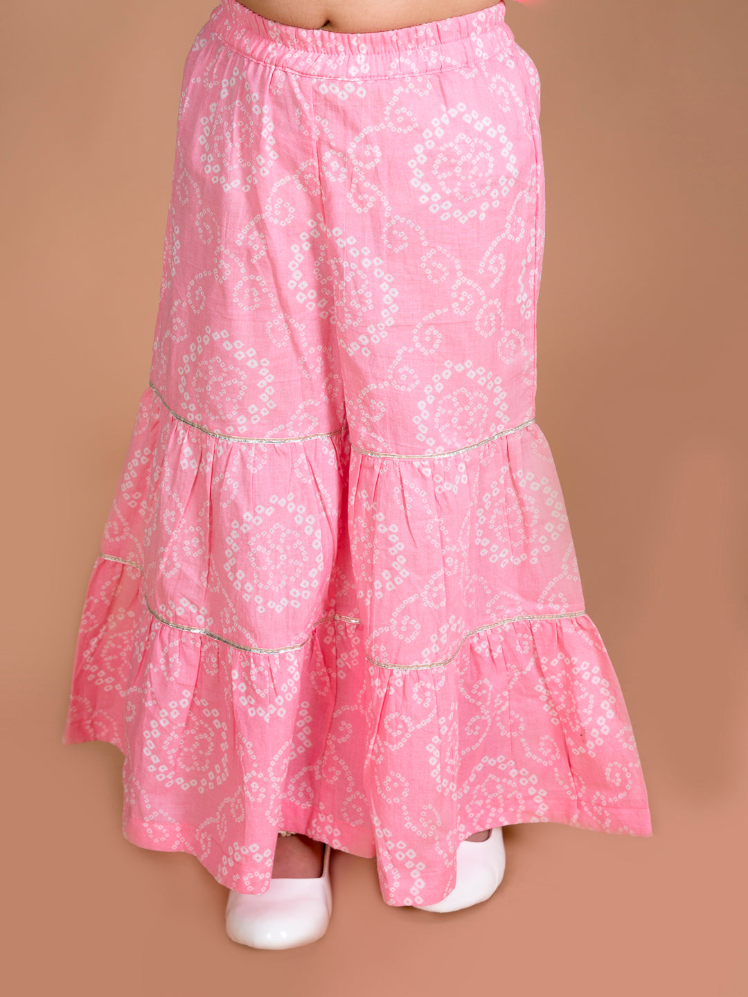 Girls Pink Floral Striped Empire Pure Cotton Kurti With Sharara - Mini Marvels - Distacart
