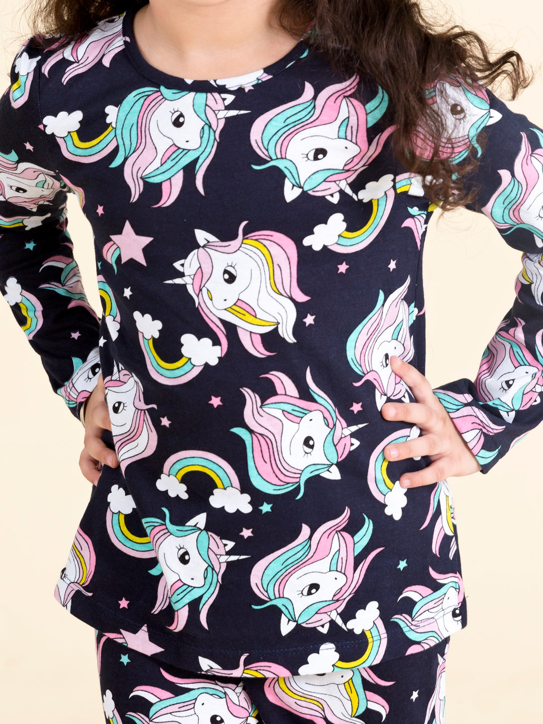 Girls Navy Blue White Printed Night Suit Nw-Unicorn Blue-2 - Mini Marvels - Distacart