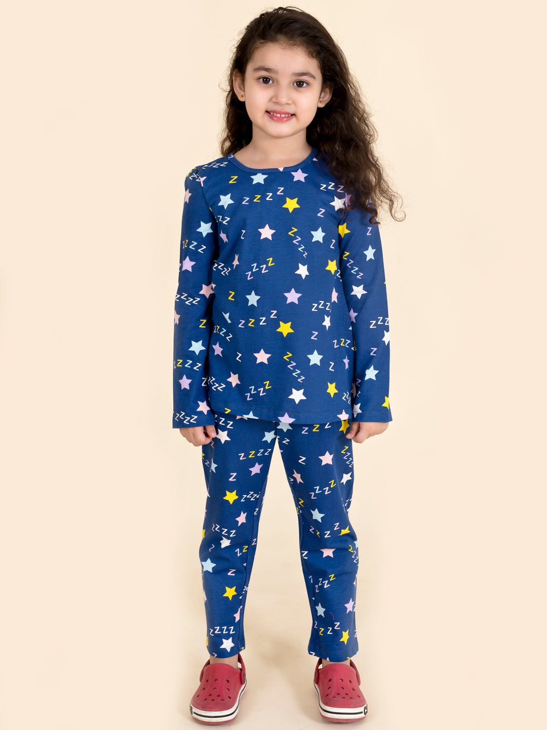 Girls Blue Pink Printed Pure Cotton 3 Pc Night Suit - Mini Marvels - Distacart