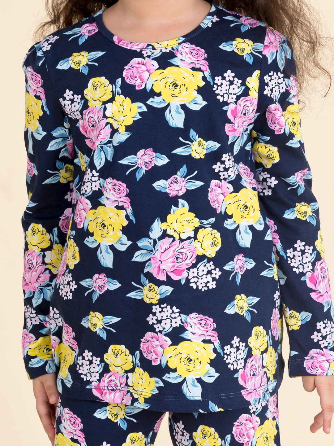Girls Pack Of 2 Navy Blue Pink Printed T-Shirt With Pyjamas - Mini Marvels - Distacart