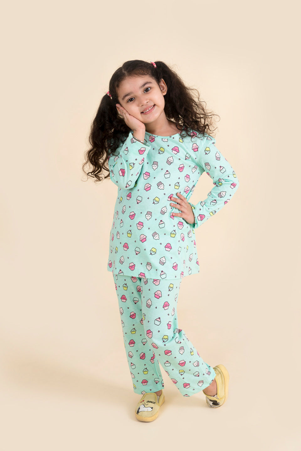 Girls Yellow Sea Green Pure Cotton 3-Piece Night Suit - Mini Marvels - Distacart