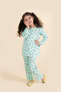 Thumbnail for Girls Yellow Sea Green Pure Cotton 3-Piece Night Suit - Mini Marvels - Distacart