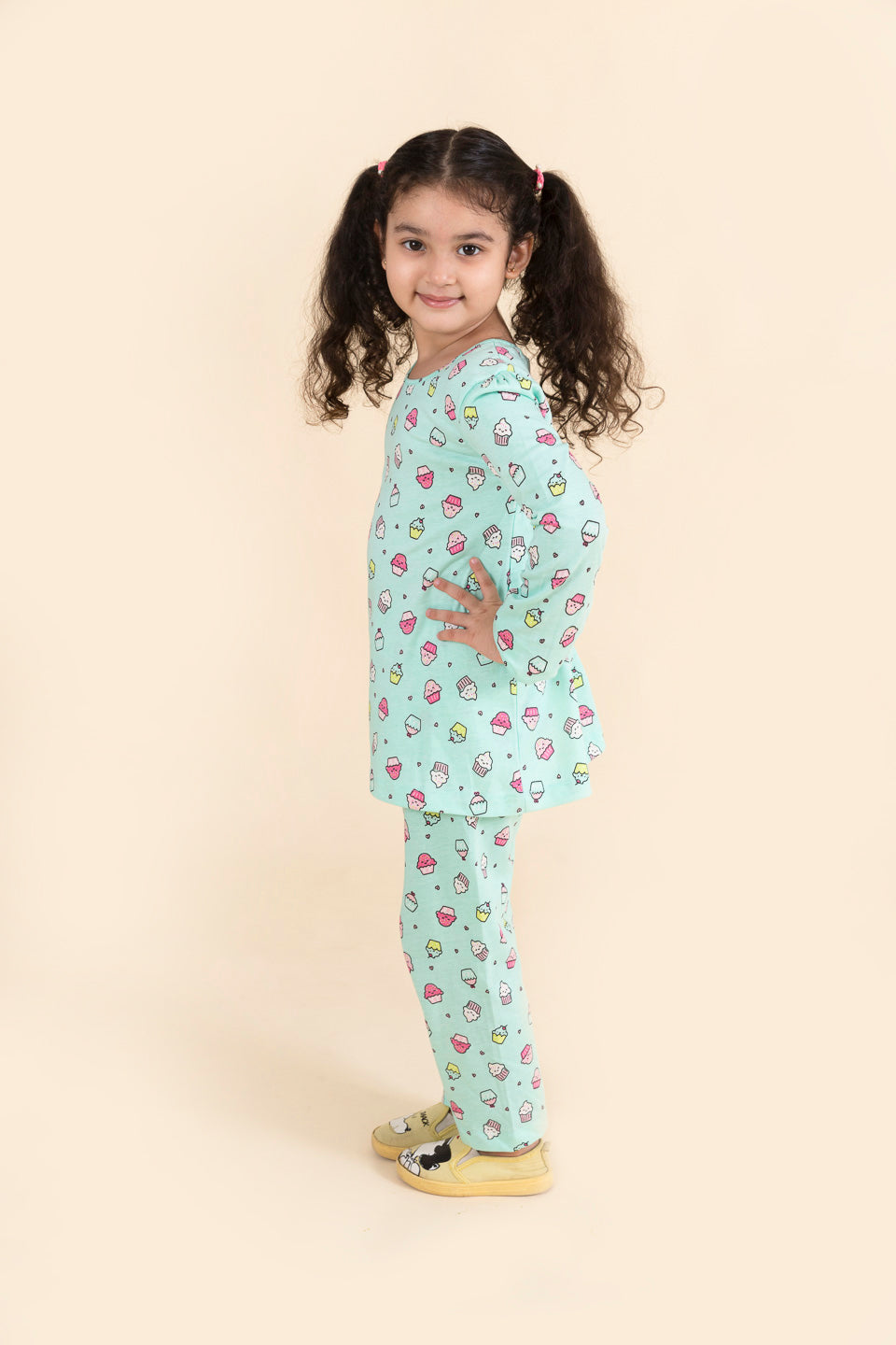 Girls Yellow Sea Green Pure Cotton 3-Piece Night Suit - Mini Marvels - Distacart