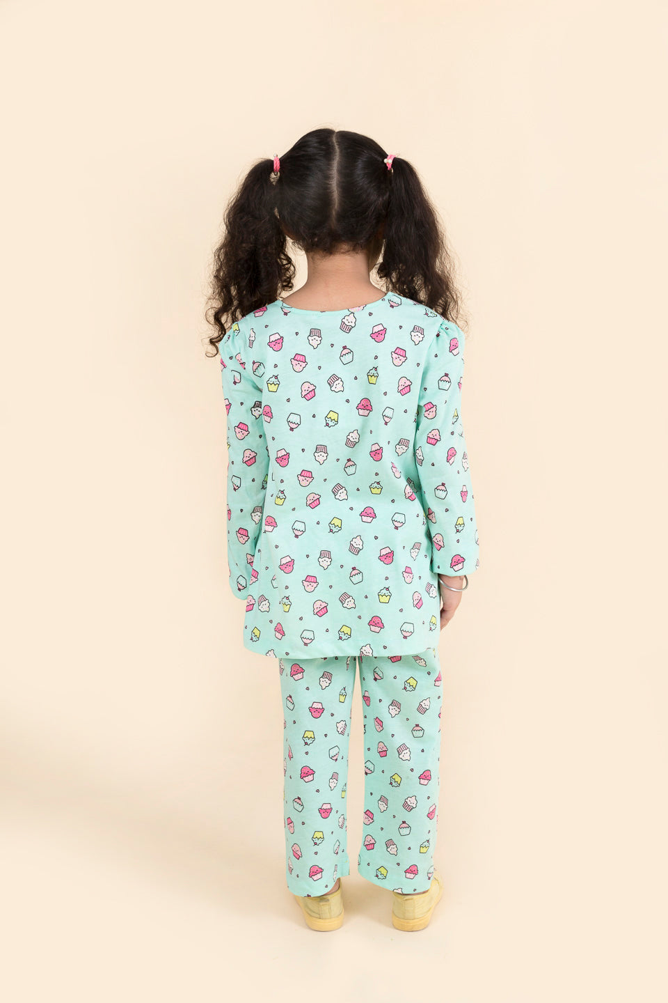 Girls Yellow Sea Green Pure Cotton 3-Piece Night Suit - Mini Marvels - Distacart