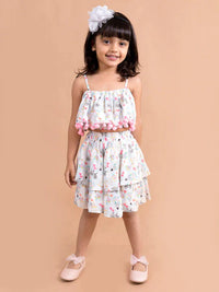 Thumbnail for Girls White Pink Printed Top Skirt Co-Ord Set - Mini Marvels - Distacart