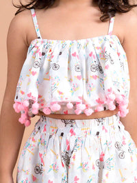 Thumbnail for Girls White Pink Printed Top Skirt Co-Ord Set - Mini Marvels - Distacart