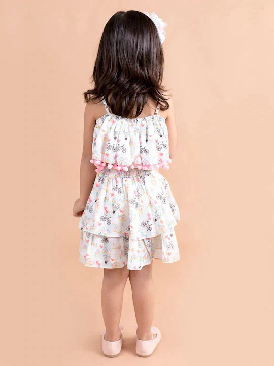 Girls White Pink Printed Top Skirt Co-Ord Set - Mini Marvels - Distacart