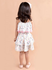 Thumbnail for Girls White Pink Printed Top Skirt Co-Ord Set - Mini Marvels - Distacart