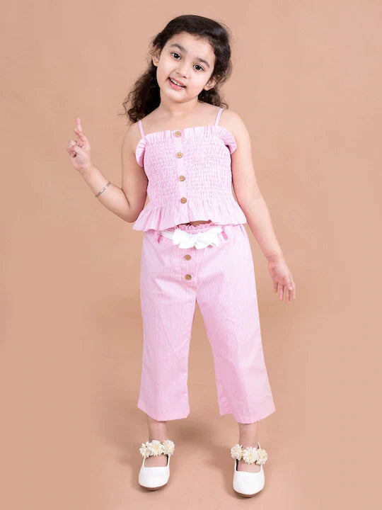 Girls Pink White Solid Co-Ords - Mini Marvels - Distacart