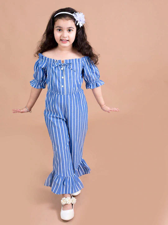 Girls Blue White Off-Shoulder Striped Basic Jumpsuit - Mini Marvels - Distacart