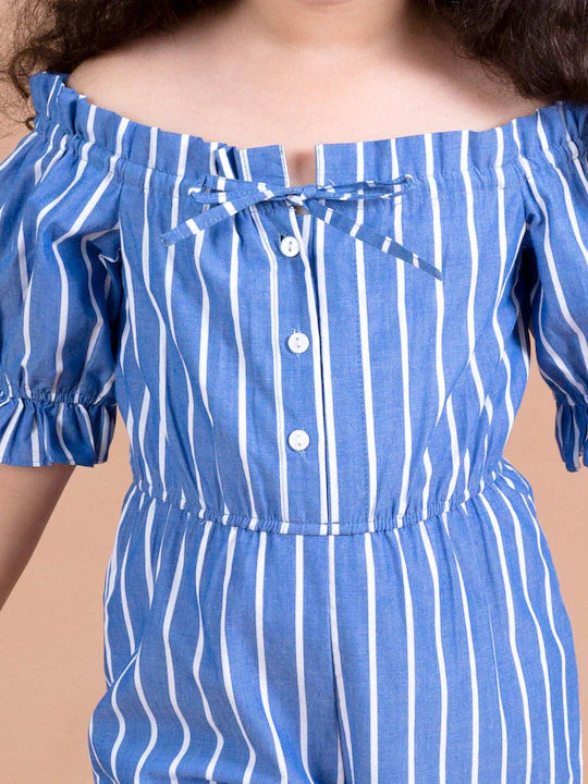 Girls Blue White Off-Shoulder Striped Basic Jumpsuit - Mini Marvels - Distacart